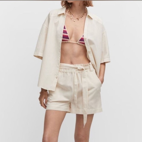 MANGO Cotton linen blend shirt short sleeve button down size large in color sand - Picture 8 of 8